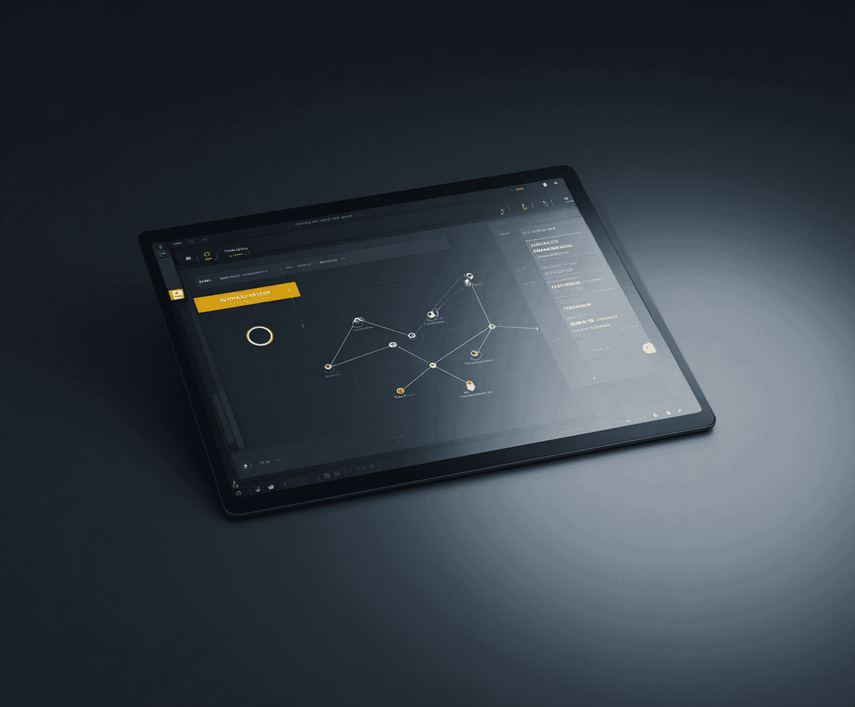 visual model Data analytics dashboard on a sleek tablet showing interconnected data points and charts for business insights.