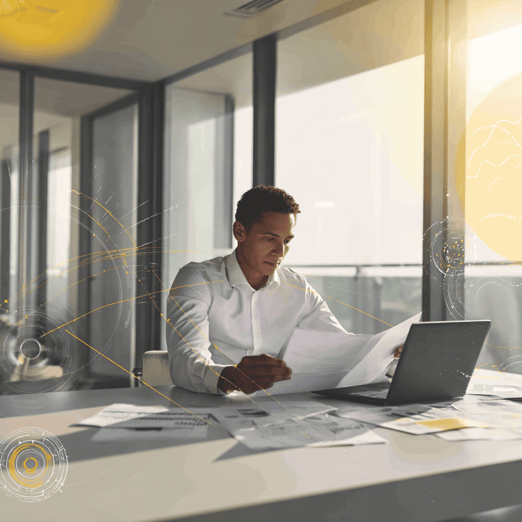 what we do Professional businessman analyzing documents at office desk with digital technology background.